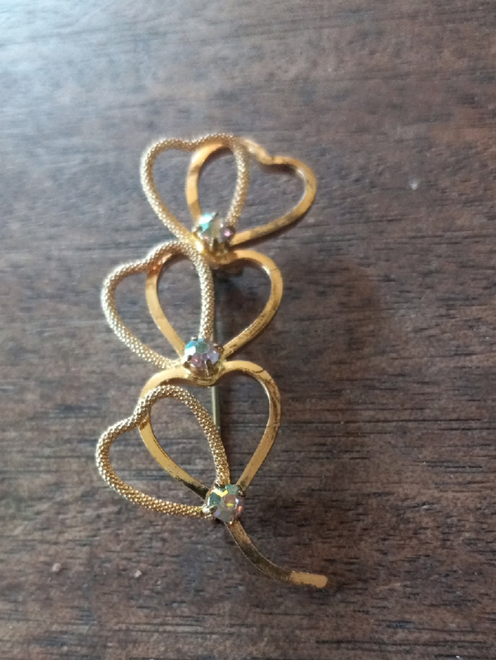Vintage Western Germay Marked Gold Heart Trio Brooch with Aurora Crystal Accents